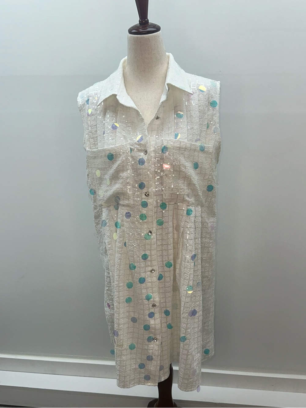 Queen Of Sparkles White Iridescent Sequin Polka Dot Shirt Dress Pocket Medium M